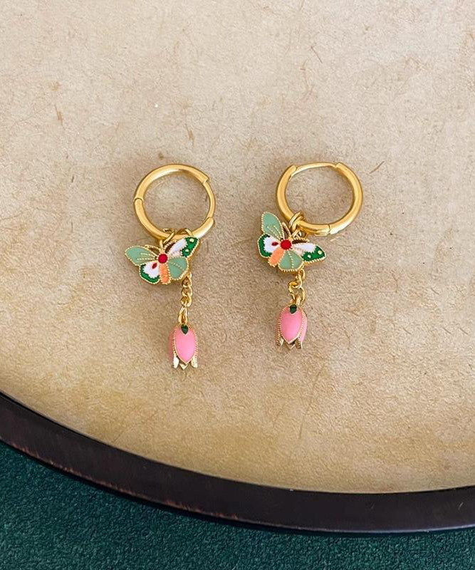 Retro Rainbow Copper Alloy Enamel Butterfly Floral Stud Earrings