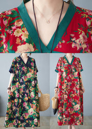 Retro Red Oversized Print Cotton Maxi Dresses Summer
