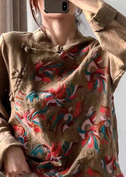 Retro Red Stand Collar Embroidered Linen Shirt Long Sleeve