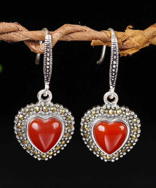 Retro Red Sterling Silver Agate Zircon Love Drop Earrings