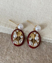 Retro Red Sterling Silver Alloy Zircon Pearl Tulip Hoop Earrings