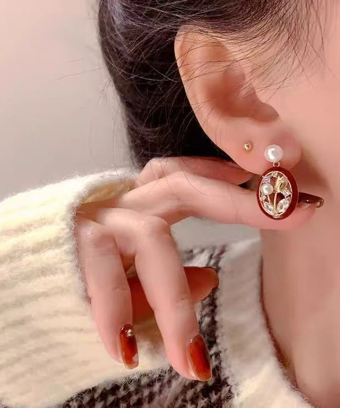 Retro Red Sterling Silver Alloy Zircon Pearl Tulip Hoop Earrings