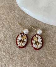Retro Red Sterling Silver Alloy Zircon Pearl Tulip Hoop Earrings