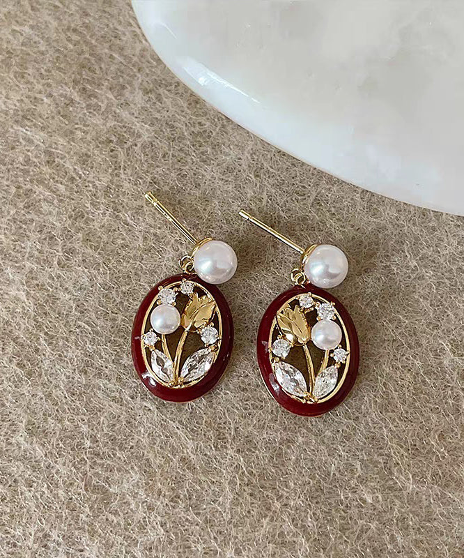 Retro Red Sterling Silver Alloy Zircon Pearl Tulip Hoop Earrings