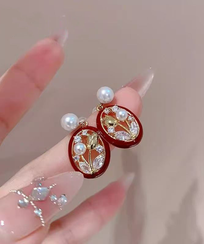 Retro Red Sterling Silver Alloy Zircon Pearl Tulip Hoop Earrings