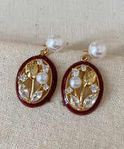 Retro Red Sterling Silver Alloy Zircon Pearl Tulip Hoop Earrings
