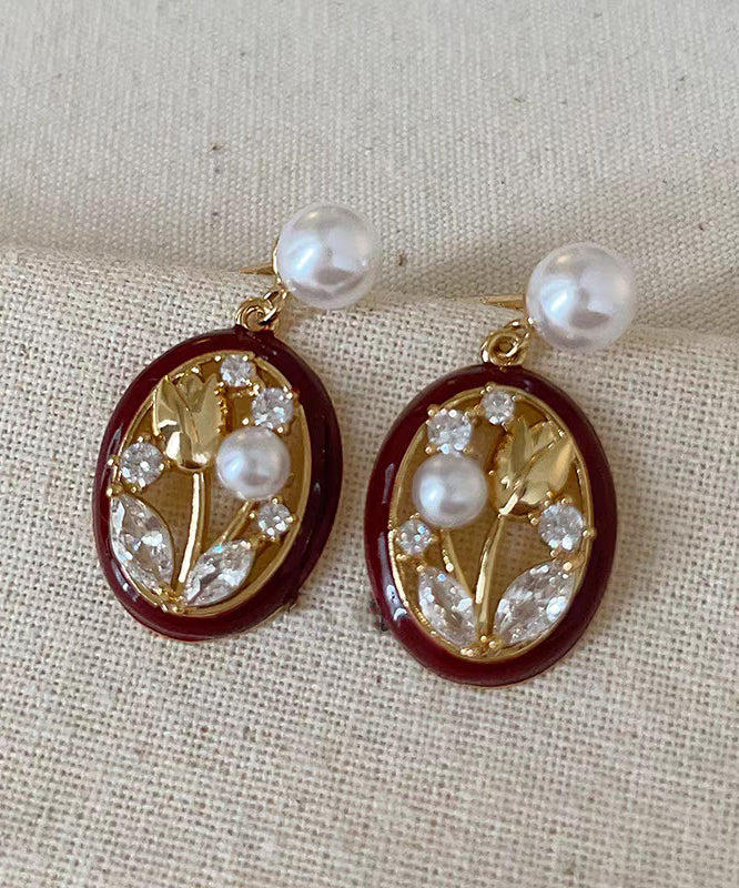 Retro Red Sterling Silver Alloy Zircon Pearl Tulip Hoop Earrings
