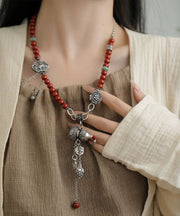 Retro Red Sterling Silver Beading Calabash Ruyi Lock Tassel Pendant Necklace