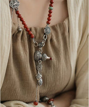 Retro Red Sterling Silver Beading Calabash Ruyi Lock Tassel Pendant Necklace