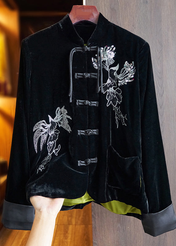 Retro Rose Embroideried Sequins Patchwork Silk Velour Coats Fall