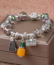 Retro Silk Sterling Silver Crystal Longevity Lock Tassel Charm Bracelet