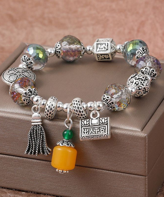 Retro Silk Sterling Silver Crystal Longevity Lock Tassel Charm Bracelet