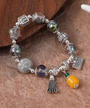 Retro Silk Sterling Silver Crystal Longevity Lock Tassel Charm Bracelet