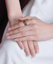 Retro Silk Sterling Silver Inlaid Agate Floral Rings