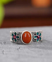 Retro Silk Sterling Silver Inlaid Agate Floral Rings