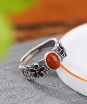 Retro Silk Sterling Silver Inlaid Agate Floral Rings