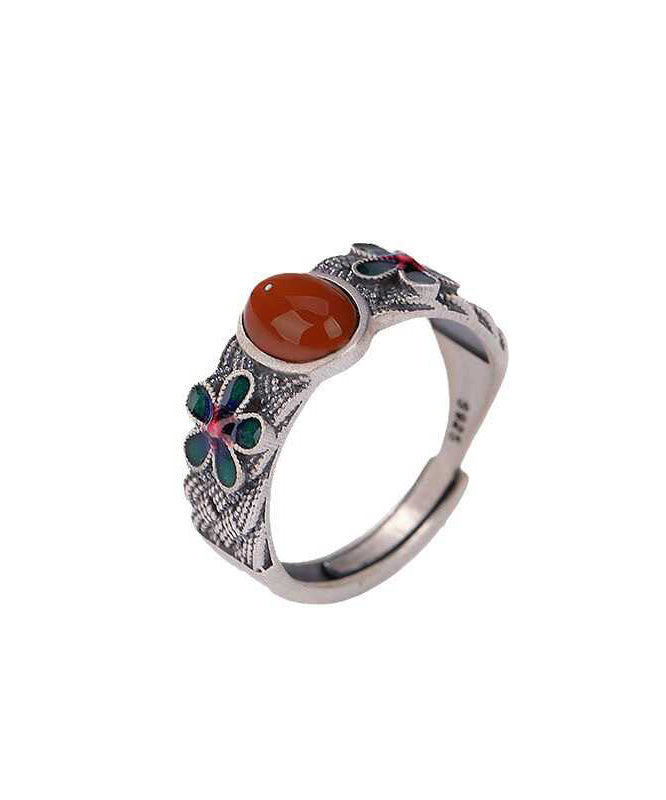 Retro Silk Sterling Silver Inlaid Agate Floral Rings