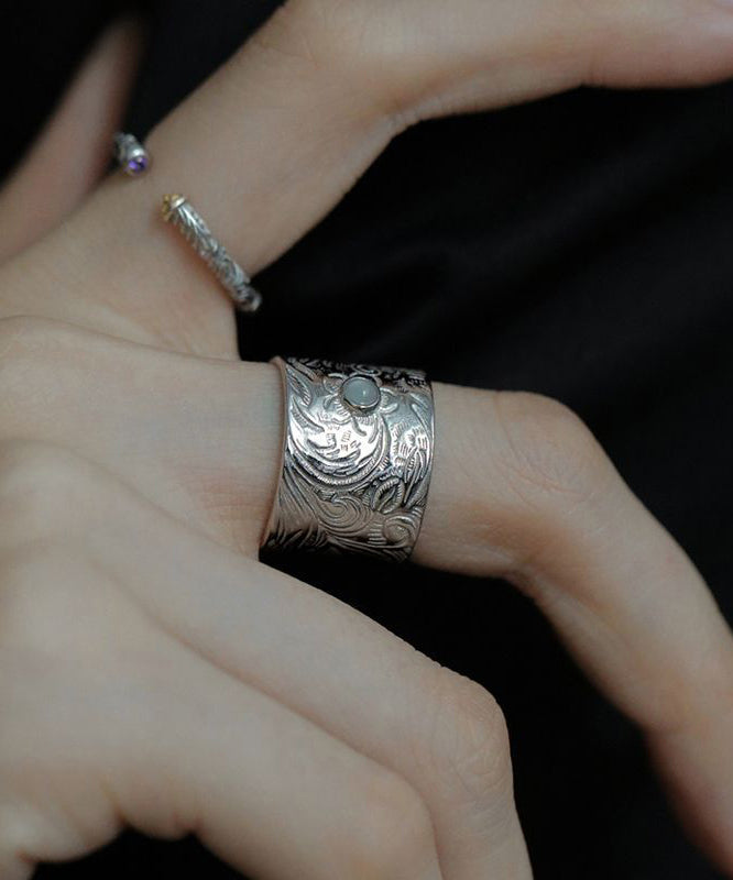 Retro Silk Sterling Silver Inlay Jade Rings