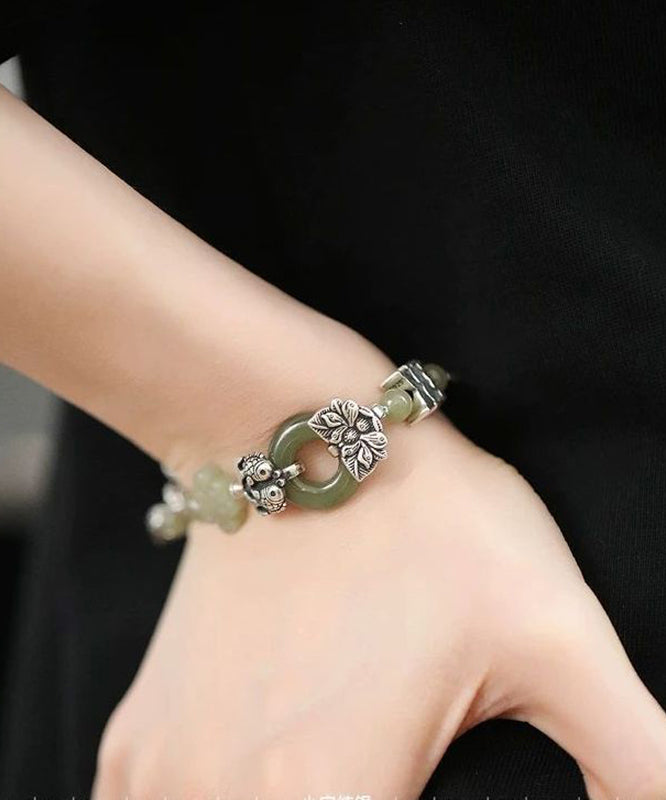 Retro Silk Sterling Silver Jade Lotus Flower Charm Bracelet