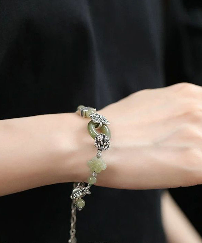 Retro Silk Sterling Silver Jade Lotus Flower Charm Bracelet