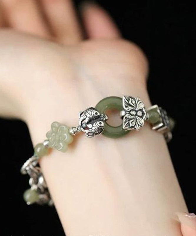 Retro Silk Sterling Silver Jade Lotus Flower Charm Bracelet