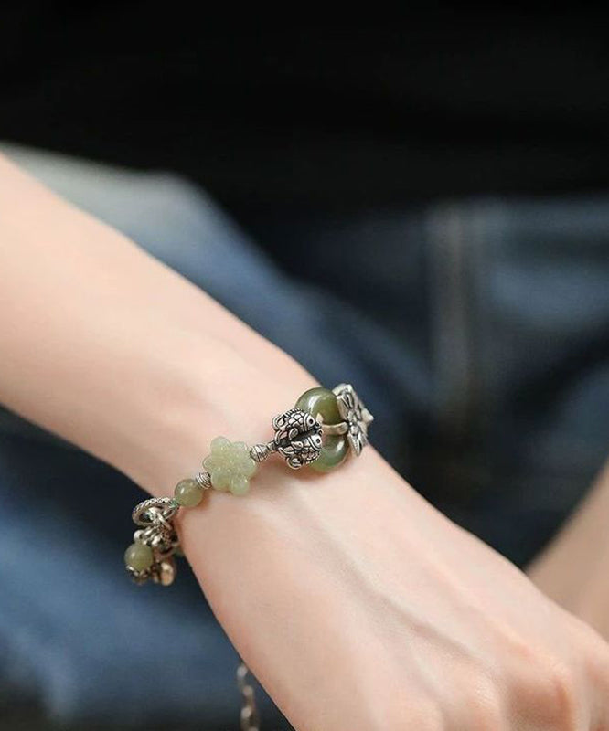 Retro Silk Sterling Silver Jade Lotus Flower Charm Bracelet