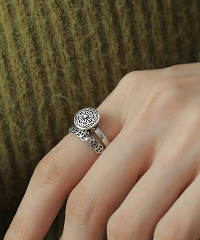 Retro Silk Sterling Silver Lotus Rotatable Rings