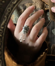 Retro Silk Sterling Silver Peony Tassel Rings