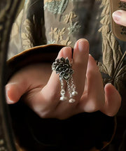 Retro Silk Sterling Silver Peony Tassel Rings