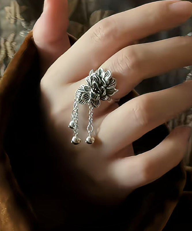 Retro Silk Sterling Silver Peony Tassel Rings