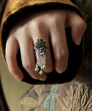 Retro Silk Sterling Silver Peony Tassel Rings