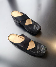 Retro Splicing Chunky Black Cowhide Leather Embossed Slide Sandals