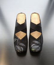 Retro Splicing Chunky Black Cowhide Leather Embossed Slide Sandals