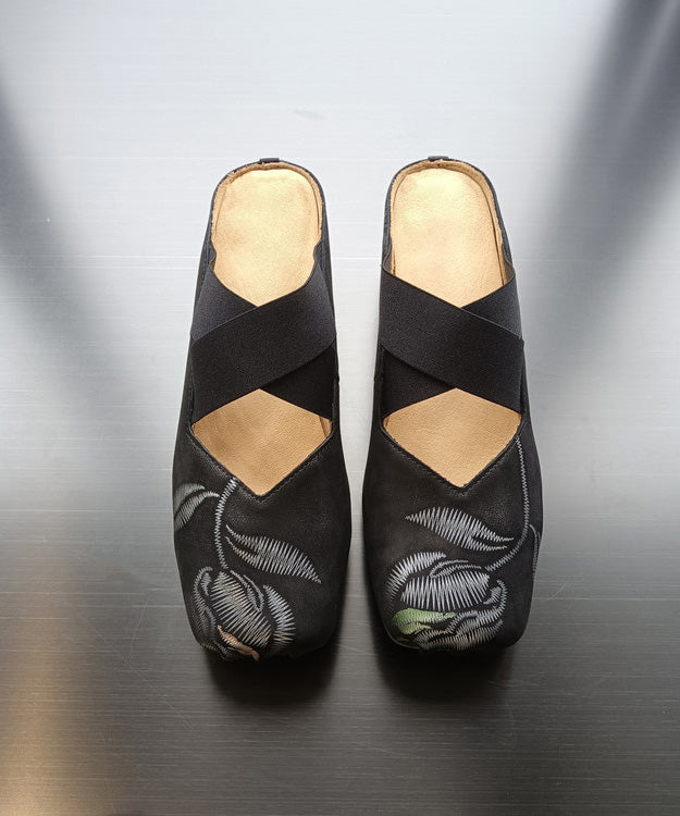 Retro Splicing Chunky Black Cowhide Leather Embossed Slide Sandals