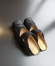 Retro Splicing Chunky Black Cowhide Leather Embossed Slide Sandals