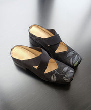 Retro Splicing Chunky Black Cowhide Leather Embossed Slide Sandals