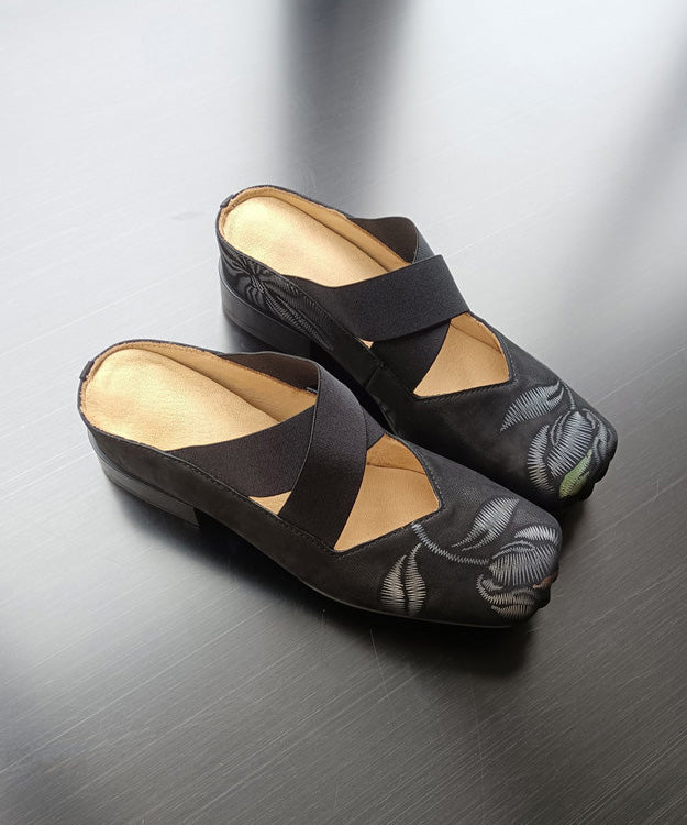 Retro Splicing Chunky Black Cowhide Leather Embossed Slide Sandals