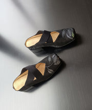 Retro Splicing Chunky Black Cowhide Leather Embossed Slide Sandals