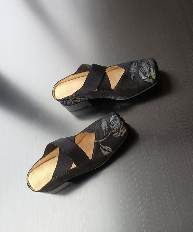 Retro Splicing Chunky Black Cowhide Leather Embossed Slide Sandals