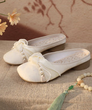 Retro Splicing Chunky White Satin Embroidered Slide Sandals