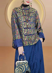 Retro Stand Collar Print Chinese Button Silk Coats Fall