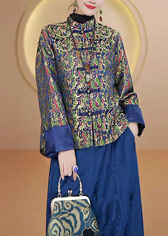 Retro Stand Collar Print Chinese Button Silk Coats Fall