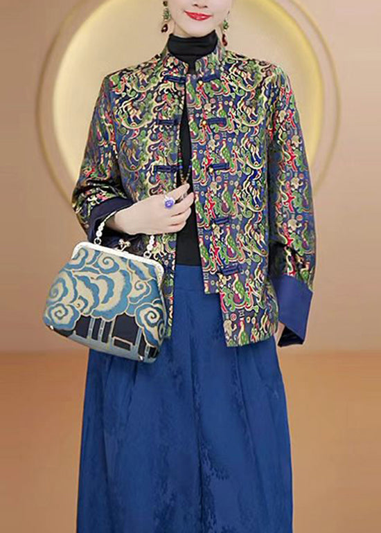 Retro Stand Collar Print Chinese Button Silk Coats Fall