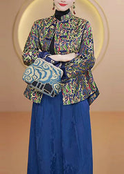 Retro Stand Collar Print Chinese Button Silk Coats Fall
