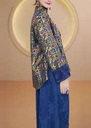 Retro Stand Collar Print Chinese Button Silk Coats Fall