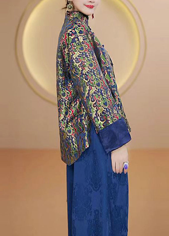 Retro Stand Collar Print Chinese Button Silk Coats Fall