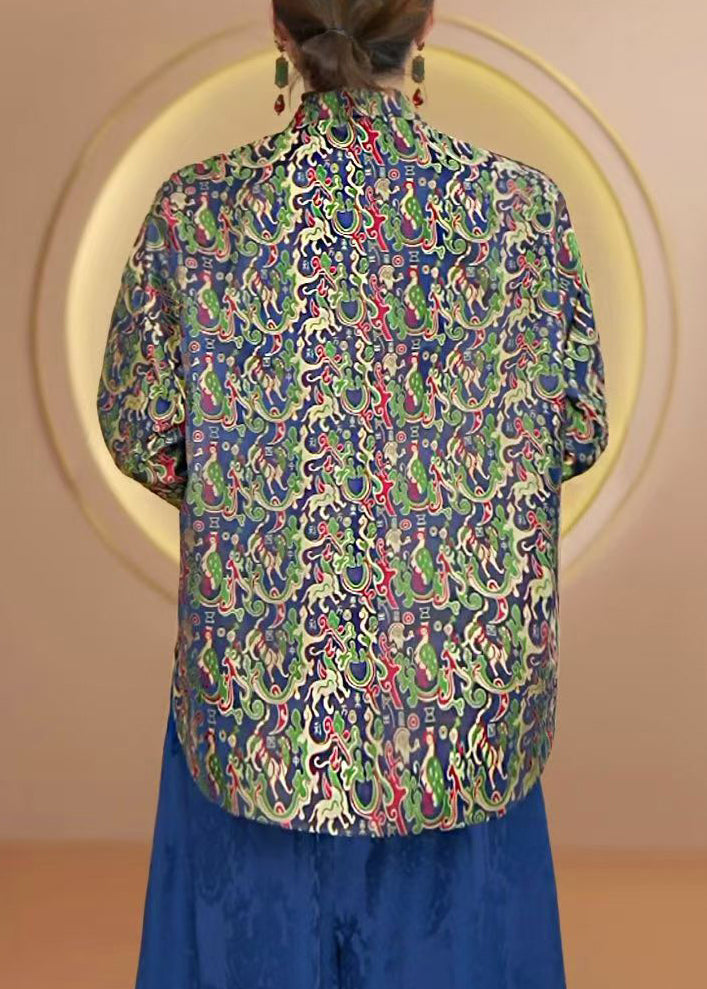 Retro Stand Collar Print Chinese Button Silk Coats Fall