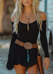 Retro Western Cowboy Style Cold Shoulder Mid Dress Spring
