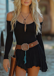 Retro Western Cowboy Style Cold Shoulder Mid Dress Spring