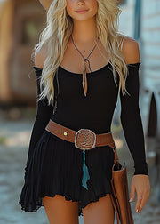 Retro Western Cowboy Style Cold Shoulder Mid Dress Spring